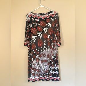 Donna Morgan Geometric Floral Brown Black Coral Warm Colors Shift Knit Dress  14